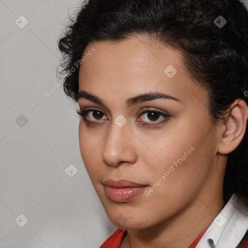 Neutral white young-adult female with short  brown hair and brown eyes