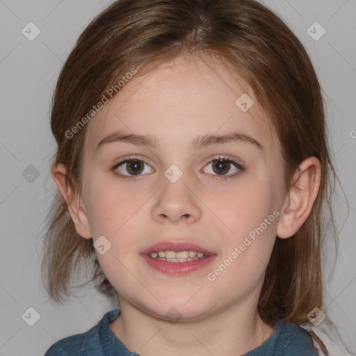 Joyful white child female with medium  brown hair and blue eyes