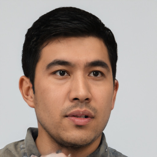 Neutral asian young-adult male with short  black hair and brown eyes