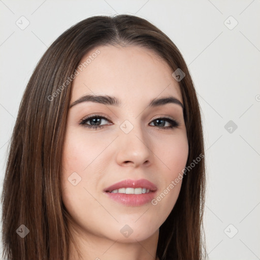 Neutral white young-adult female with long  brown hair and brown eyes