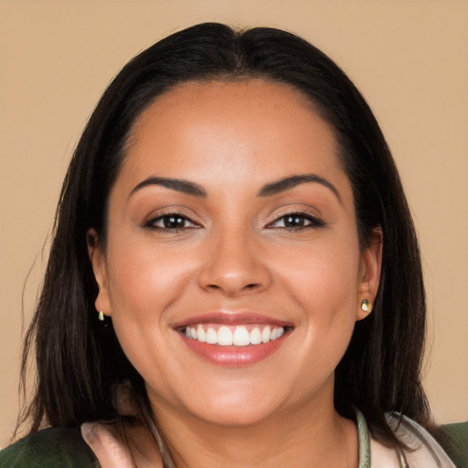 Joyful white young-adult female with medium  black hair and brown eyes