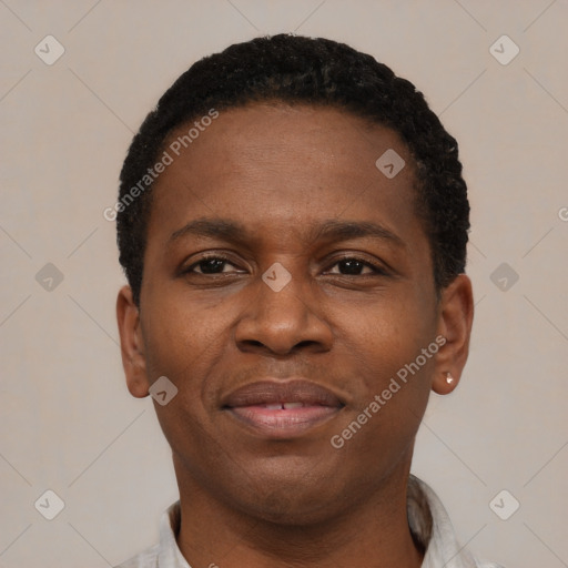 Joyful black young-adult male with short  brown hair and brown eyes