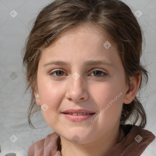 Joyful white child female with medium  brown hair and blue eyes