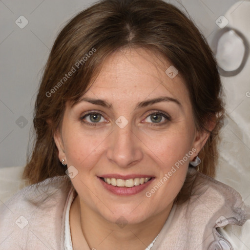 Joyful white young-adult female with medium  brown hair and blue eyes