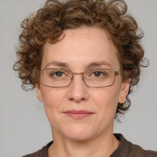 Joyful white adult female with medium  brown hair and blue eyes