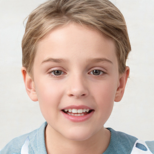 Joyful white child female with short  brown hair and grey eyes