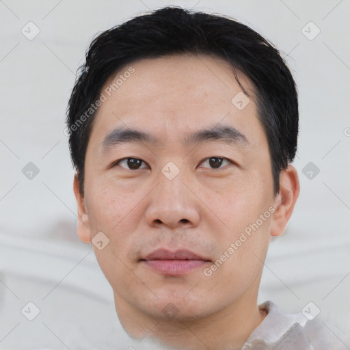 Neutral asian young-adult male with short  black hair and brown eyes