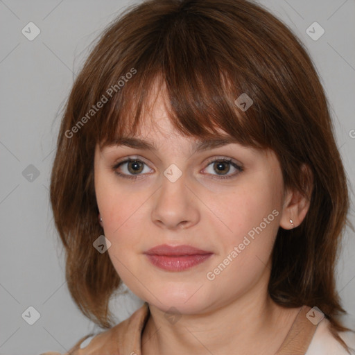 Neutral white young-adult female with medium  brown hair and grey eyes