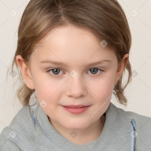 Joyful white child female with medium  brown hair and brown eyes