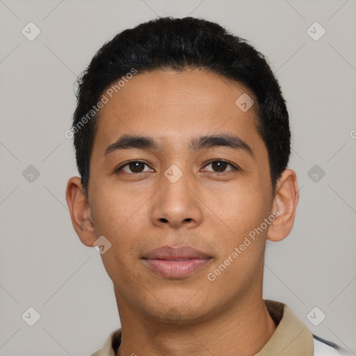 Neutral latino young-adult male with short  black hair and brown eyes