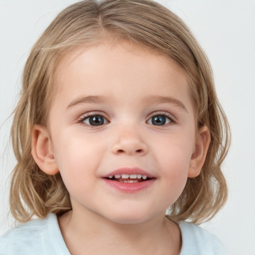 Joyful white child female with medium  brown hair and grey eyes