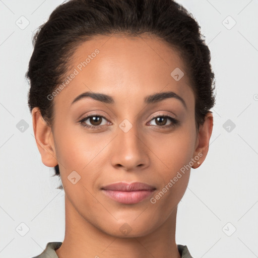 Joyful latino young-adult female with short  brown hair and brown eyes