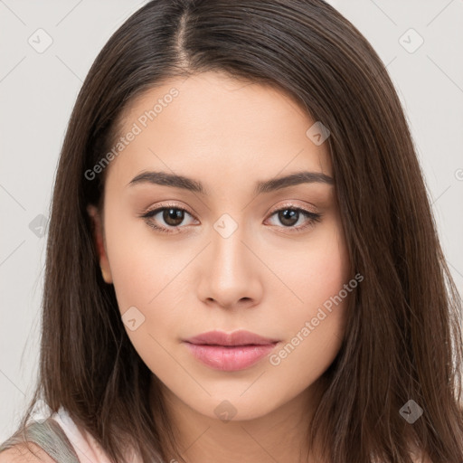 Neutral white young-adult female with long  brown hair and brown eyes