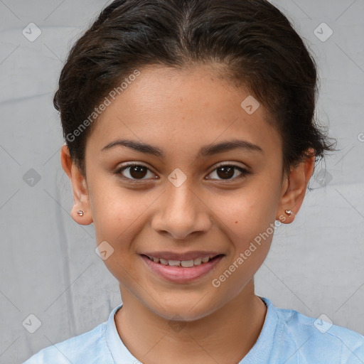 Joyful white child female with short  brown hair and brown eyes