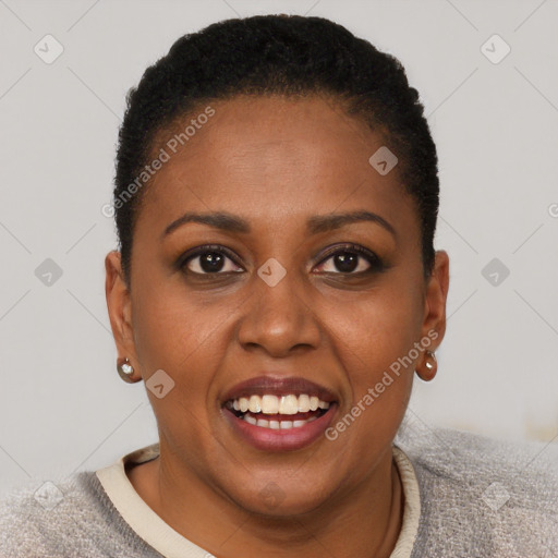 Joyful black young-adult female with short  black hair and brown eyes