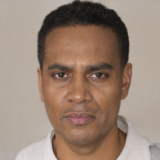 Neutral black adult male with short  black hair and brown eyes