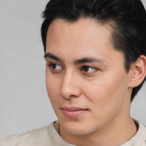 Neutral asian young-adult male with short  brown hair and brown eyes