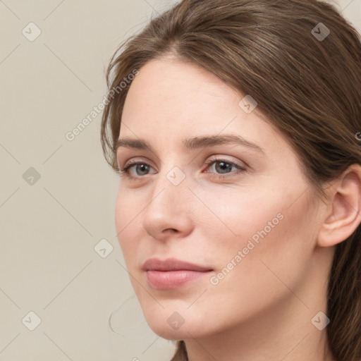 Neutral white young-adult female with long  brown hair and grey eyes