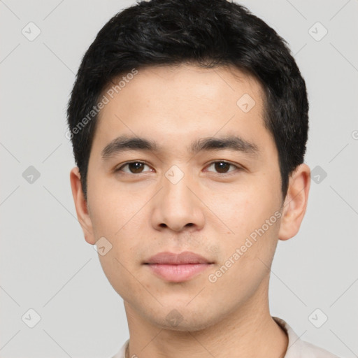 Neutral asian young-adult male with short  black hair and brown eyes