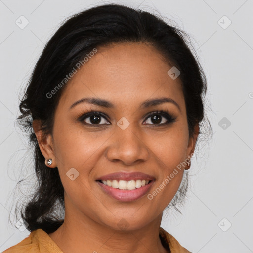 Joyful latino young-adult female with long  brown hair and brown eyes