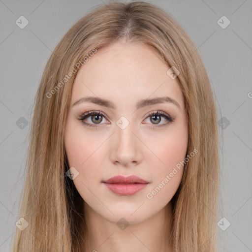 Neutral white young-adult female with long  brown hair and brown eyes