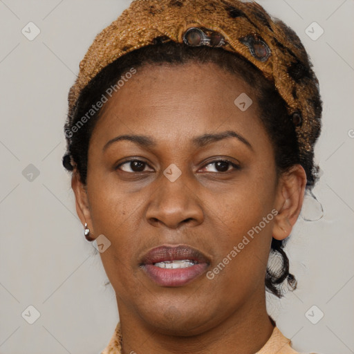 Joyful black adult female with short  brown hair and brown eyes