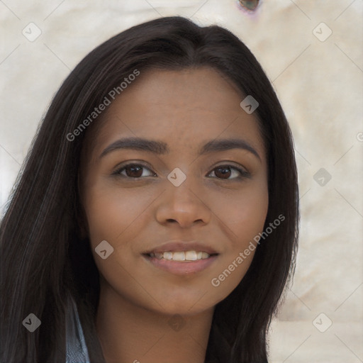 Joyful latino young-adult female with long  brown hair and brown eyes