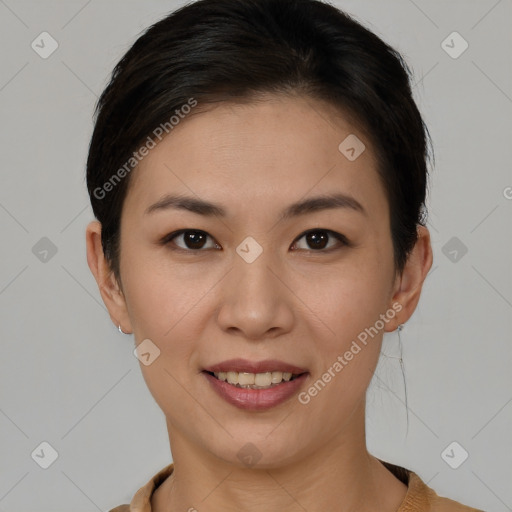 Joyful white young-adult female with short  brown hair and brown eyes