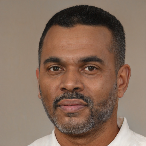 Neutral black adult male with short  black hair and brown eyes