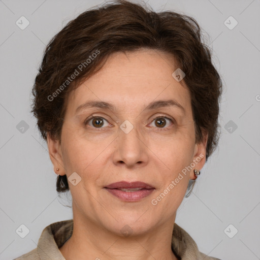 Joyful white adult female with medium  brown hair and grey eyes