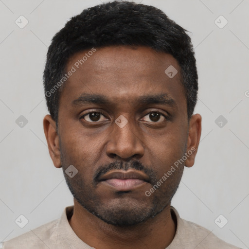 Neutral black young-adult male with short  black hair and brown eyes