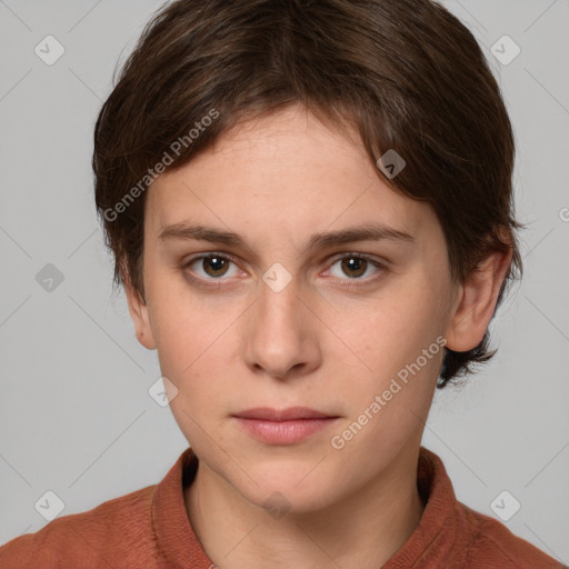 Neutral white young-adult female with medium  brown hair and brown eyes