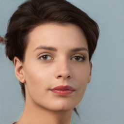 Neutral white young-adult female with short  brown hair and brown eyes