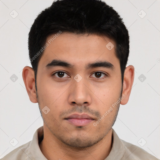 Neutral latino young-adult male with short  black hair and brown eyes