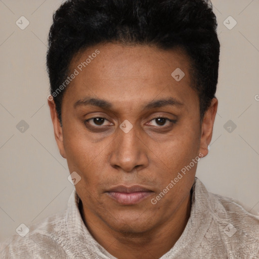 Neutral latino adult male with short  black hair and brown eyes