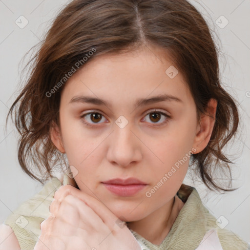 Neutral white young-adult female with medium  brown hair and brown eyes