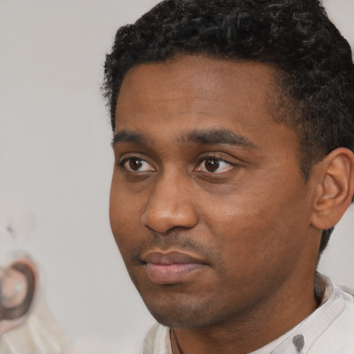 Neutral black young-adult male with short  black hair and brown eyes