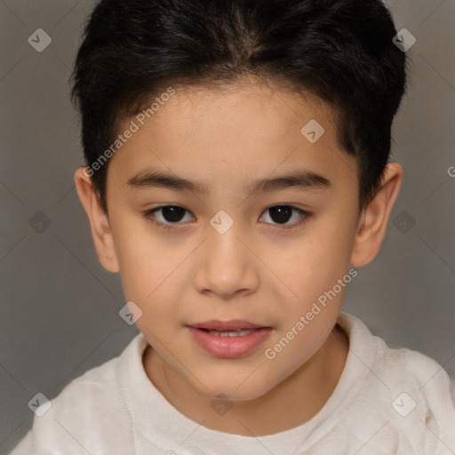 Joyful white child female with short  brown hair and brown eyes