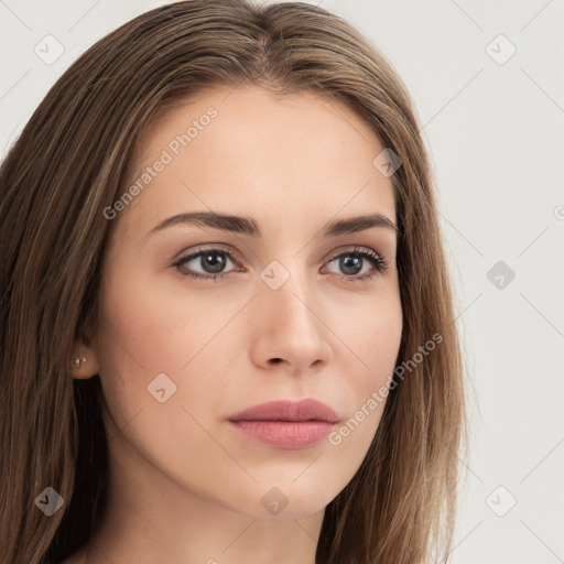 Neutral white young-adult female with long  brown hair and brown eyes