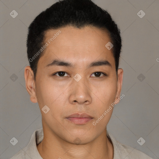 Neutral asian young-adult male with short  black hair and brown eyes