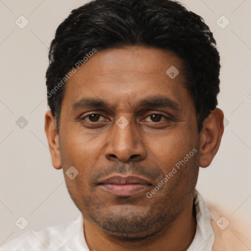Joyful latino adult male with short  black hair and brown eyes