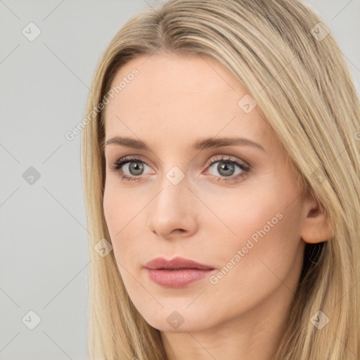 Neutral white young-adult female with long  brown hair and brown eyes