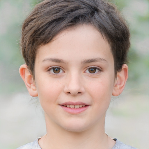 Joyful white child female with short  brown hair and brown eyes