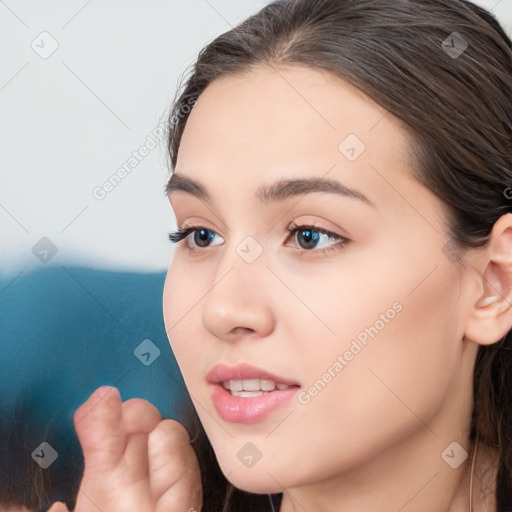 Neutral white young-adult female with medium  brown hair and brown eyes