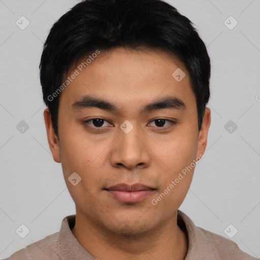 Neutral asian young-adult male with short  black hair and brown eyes