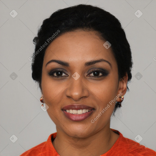 Joyful latino young-adult female with short  black hair and brown eyes