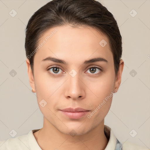 Neutral white young-adult female with short  brown hair and brown eyes