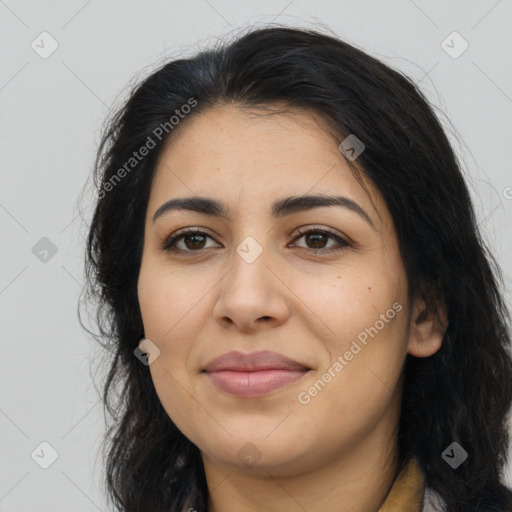 Joyful latino young-adult female with long  brown hair and brown eyes