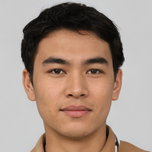 Neutral asian young-adult male with short  brown hair and brown eyes