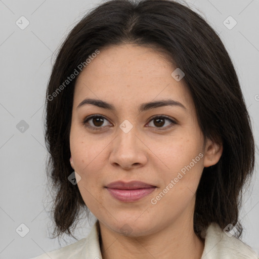 Joyful white adult female with medium  brown hair and brown eyes